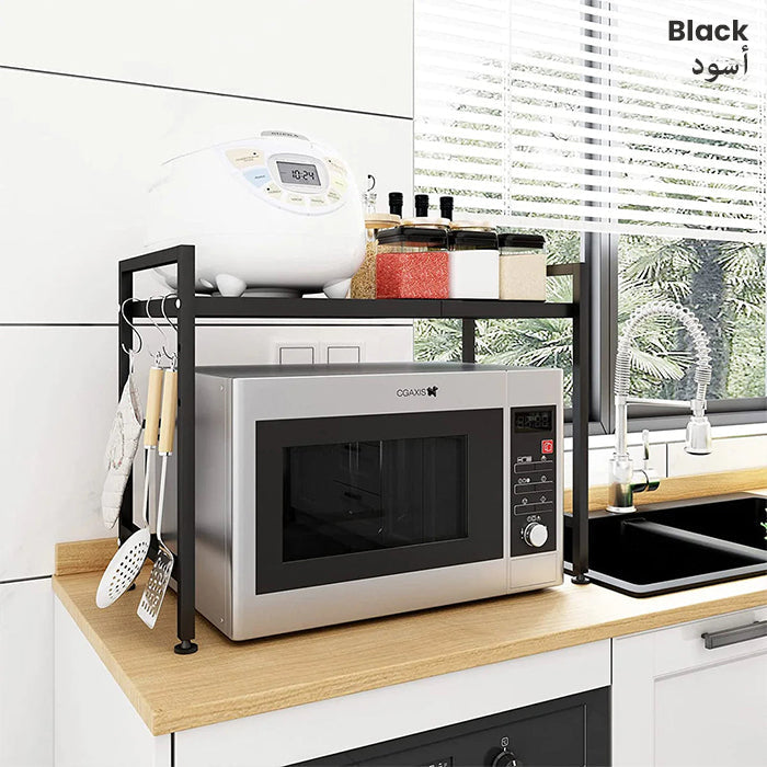 1 Tier Space Saving Carbon Steel Expandable Countertop Oven storage Organizer With Hooks black