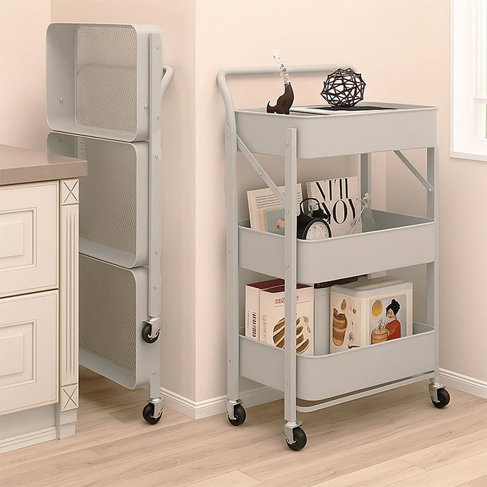 3-Tier Folding Storage Cart with 4 Caster Wheels - Heavy-Duty Carbon Steel Frame  Foldable and Space-Saving