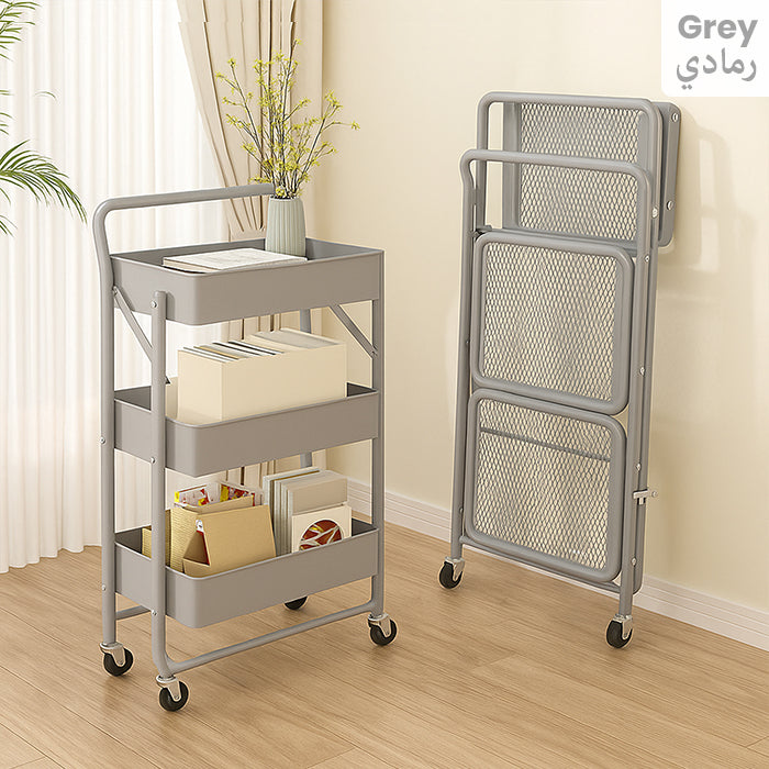 3-Tier Folding Storage Cart with 4 Caster Wheels - Heavy-Duty Carbon Steel Frame  Grey