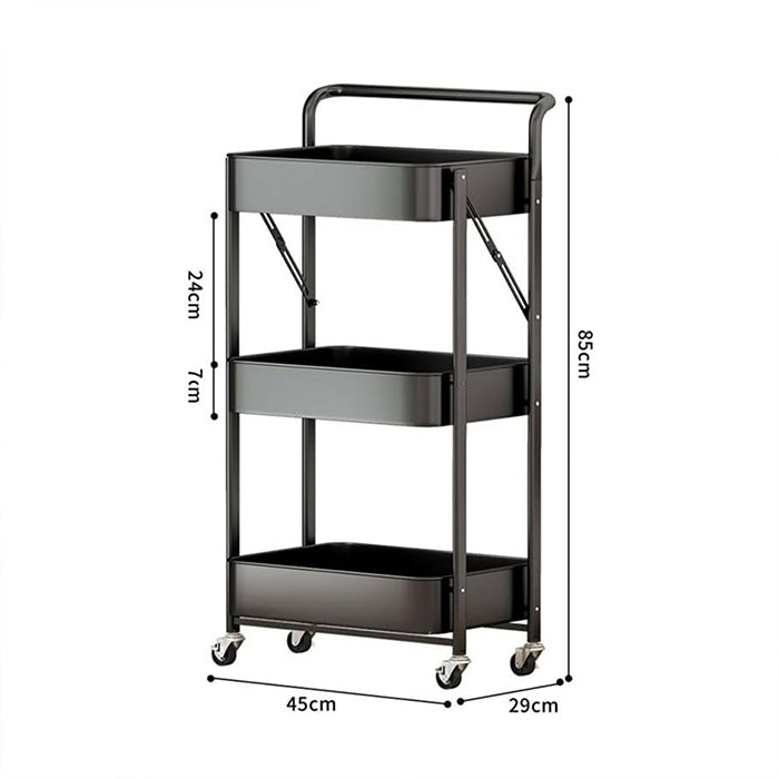 3-Tier Folding Storage Cart with 4 Caster Wheels - Heavy-Duty Carbon Steel Frame Dimensions