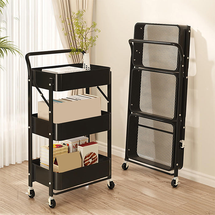 3-Tier Folding Storage Cart with 4 Caster Wheels - Heavy-Duty Carbon Steel Frame Durable