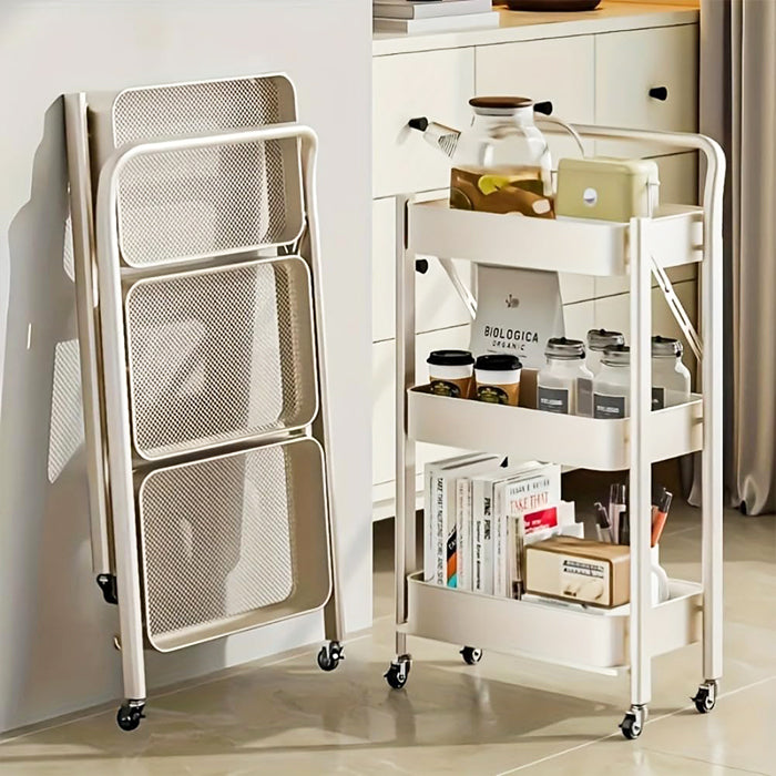 3-Tier Folding Storage Cart with 4 Caster Wheels - Heavy-Duty Carbon Steel Frame Rust-Resistant Material