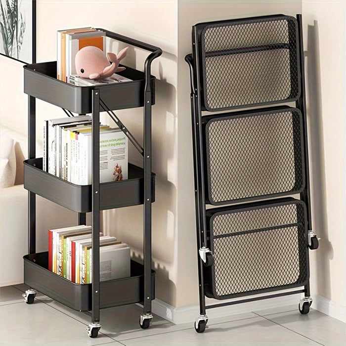 3-Tier Folding Storage Cart with 4 Caster Wheels - Heavy-Duty Carbon Steel Frame Sturdy