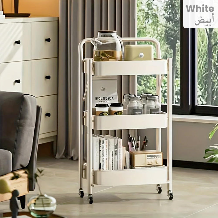 3-Tier Folding Storage Cart with 4 Caster Wheels - Heavy-Duty Carbon Steel Frame White