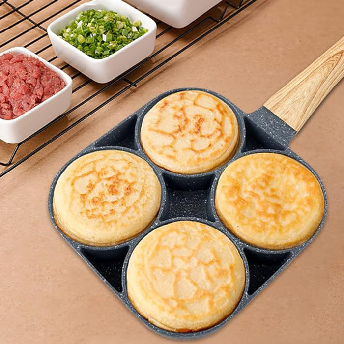 4 Hole Fried Egg Pan, Non Stick Egg Burger, Omelet Maker Pan With Wooden Handle For Family Breakfast practical to use