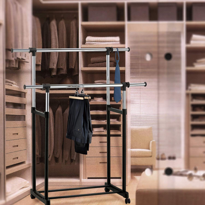 Double Rods Clothes Drying Stand, Garment Rack with Wheels Height Adjustable Hanger Height adjustable