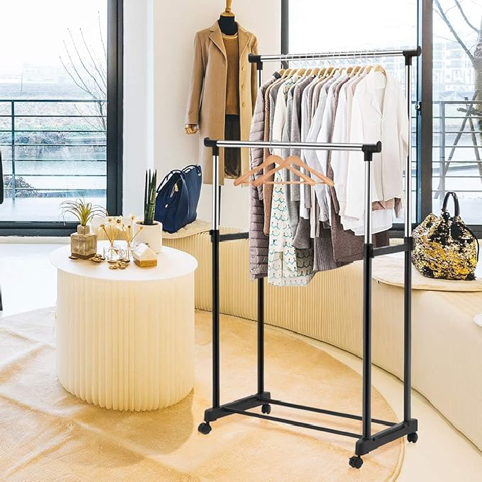 Double Rods Clothes Drying Stand, Garment Rack with Wheels Height Adjustable Hanger stainless steel