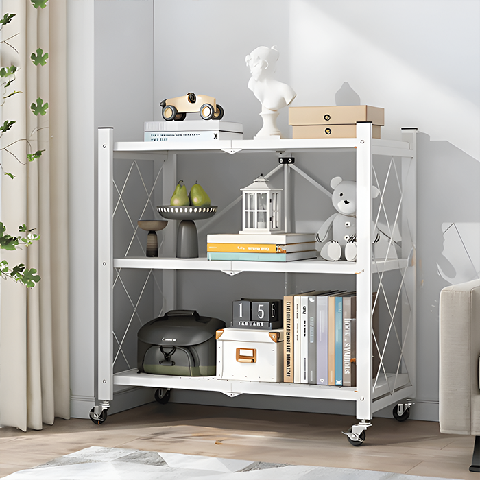 Foldable Storage Shelves with Wheels, Folding Metal Rack Shelving Unit 3 tier