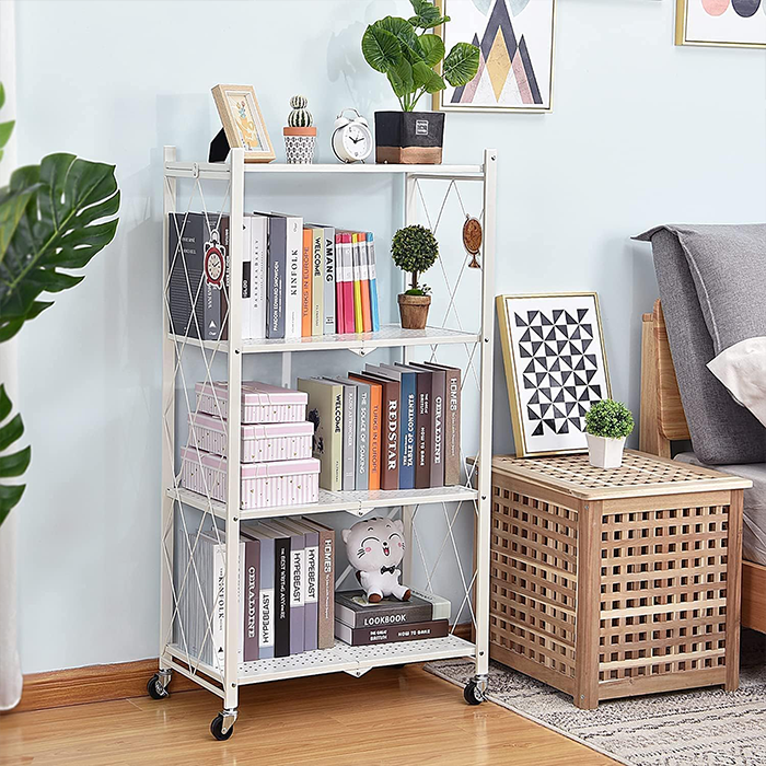 Foldable Storage Shelves with Wheels, Folding Metal Rack Shelving Unit for kitchen