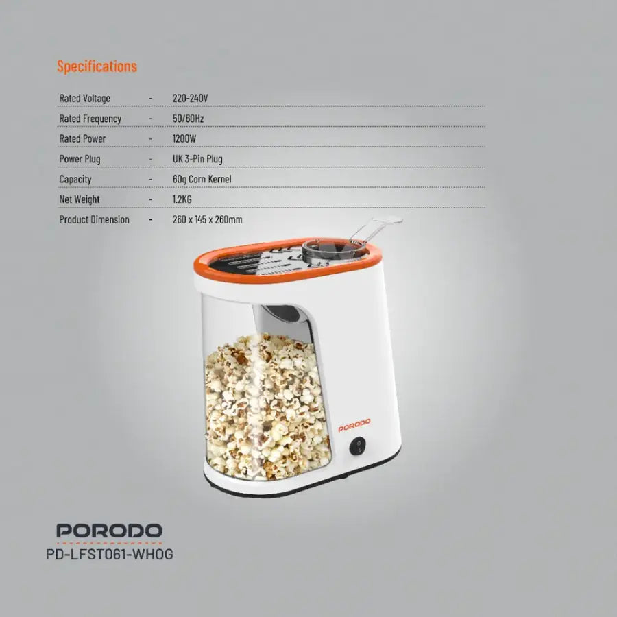 Make healthy, oil-free popcorn in 2-4 minutes. 1200W power, 60g capacity, and compact design with UK plug specifications