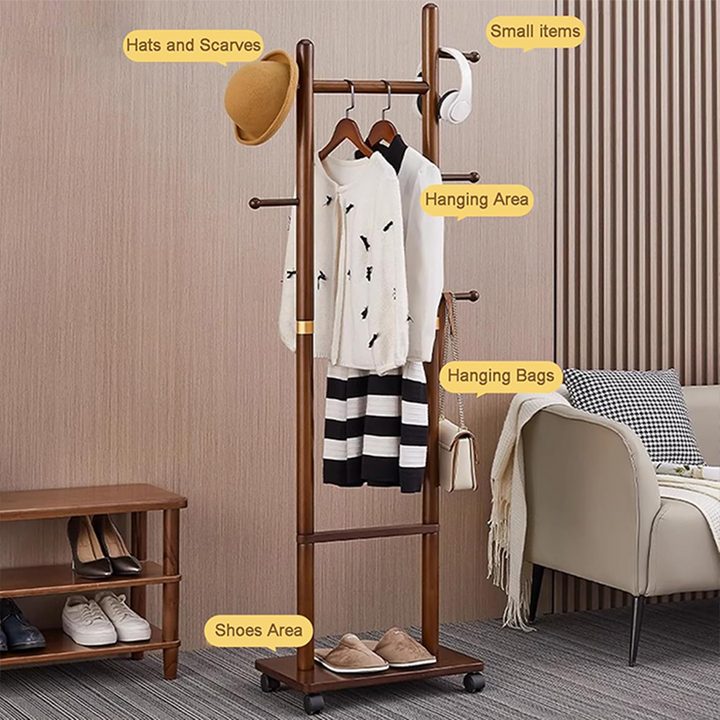 Modern Wooden Coat Stand, Simple Solid Wood Hanger For Bedrooms, Stylish Coat Rack With Wheels
