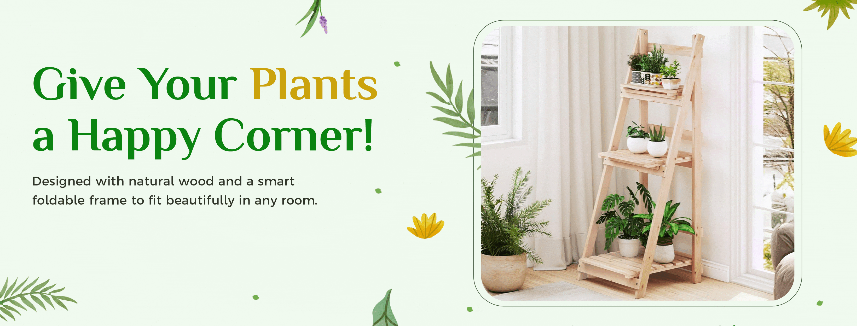 Wooden plant stand with tiered shelves for indoor plant display, compact indoor plant stand by Homesouq Qatar