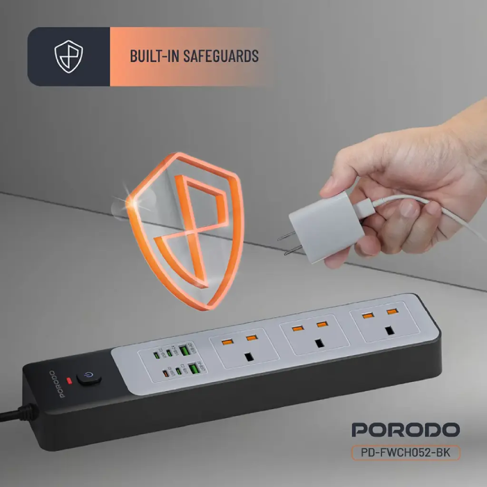 Porodo 3AC 45W 3000W Power Strip offers fast, safe charging with 7 ports Built in safeguards