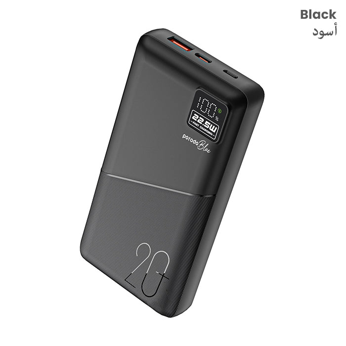 Porodo Blue 20000mAh Quick Charge Power Bank USB-A and USB-C Output Black