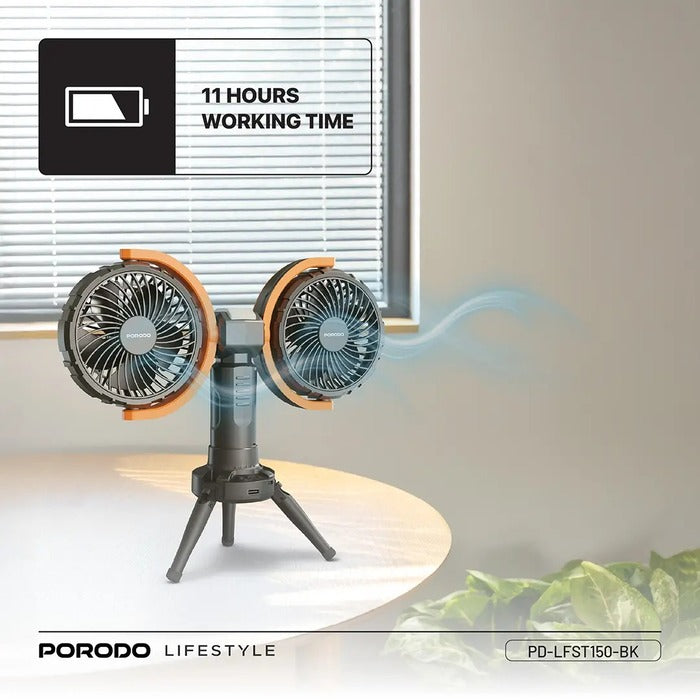 Porodo Lifestyle Dual-Head Oscillating Fan, featuring a powerful 15W motor and 8000mAh battery for up to 11 hours of use