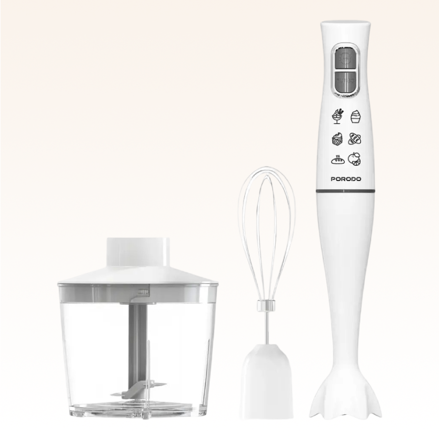 Porodo Lifestyle Powerful Hand Blender Food Chopper & Whisker - White