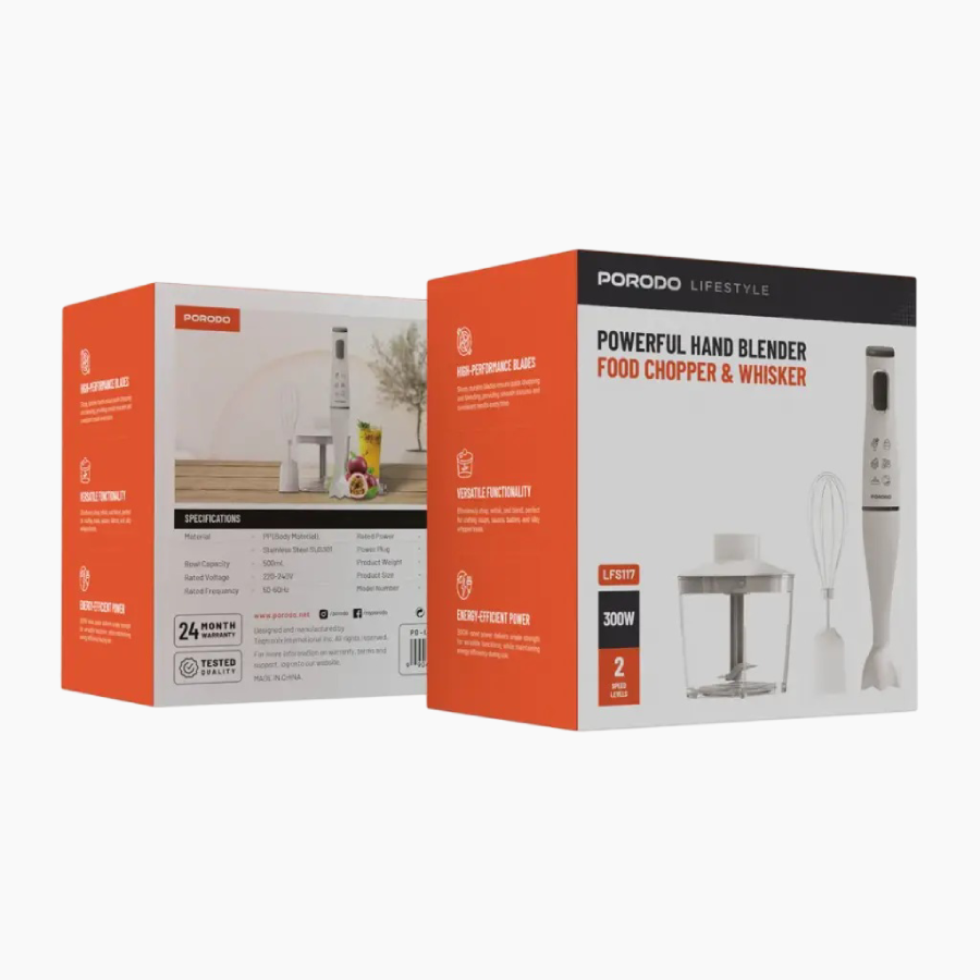 Porodo Lifestyle Powerful Hand Blender Food Chopper & Whisker - White Energy-Efficient Power