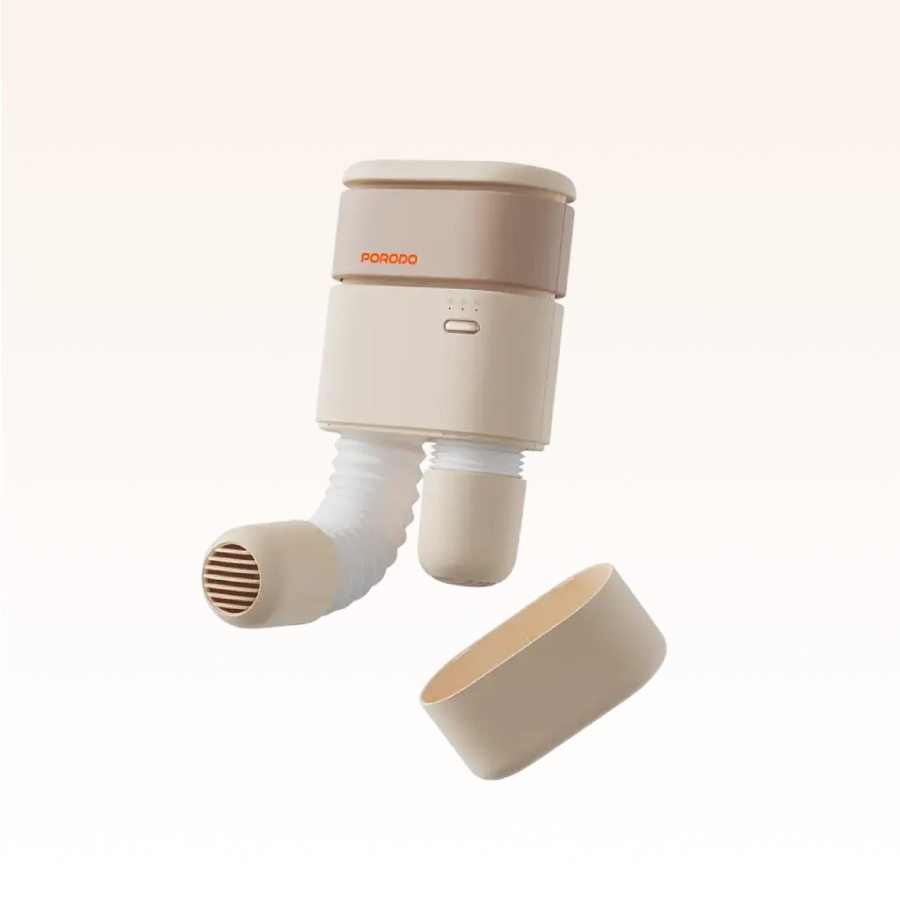 Porodo Portable Shoe Dryer uses a 100W motor, 4500rpm fan, and 360° hot