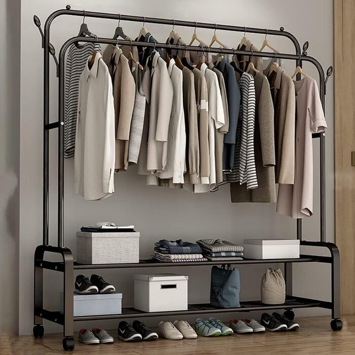 Cloth Hanger, Extendable Double Rod Cloth Stand With Shoe Rack