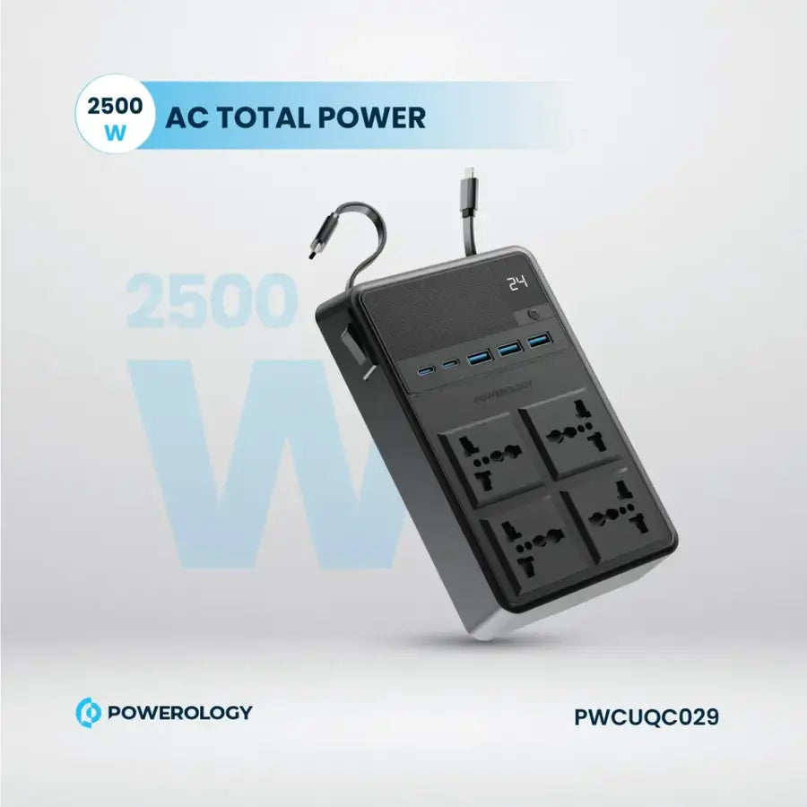 Powerology 2500w 4 AC Power Strip with Built-In Retractable Cable AC Total power