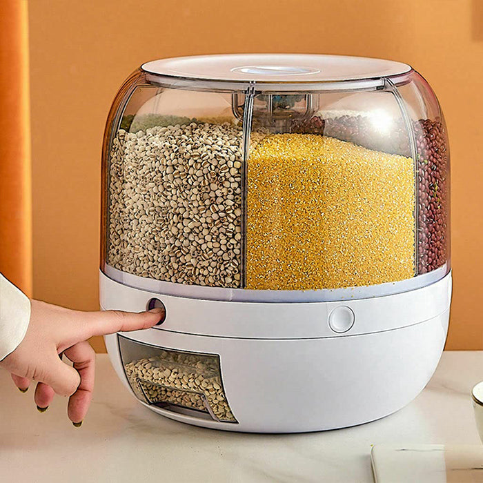 Rotating Rice Dispenser 6-Grids Rice Cereal Grains Storage Container, One-Click Rice Output