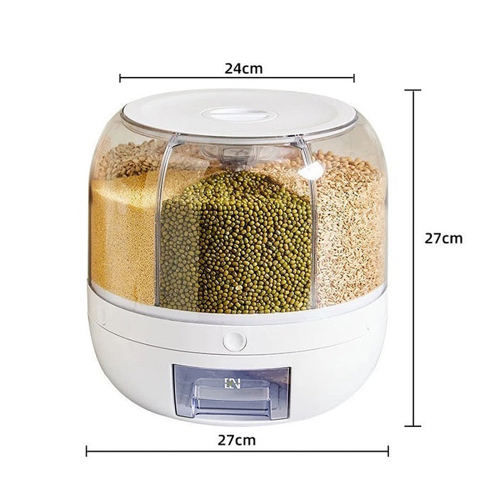 Rotating Rice Dispenser 6-Grids Rice Cereal Grains Storage Container, One-Click Rice Output dimensions
