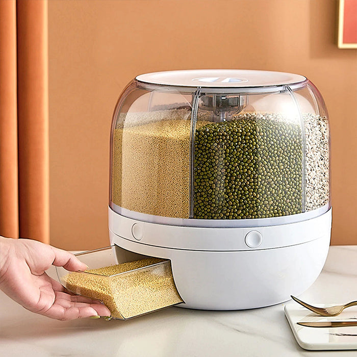 Rotating Rice Dispenser 6-Grids Rice Cereal Grains Storage Container, One-Click Rice Output easy to use