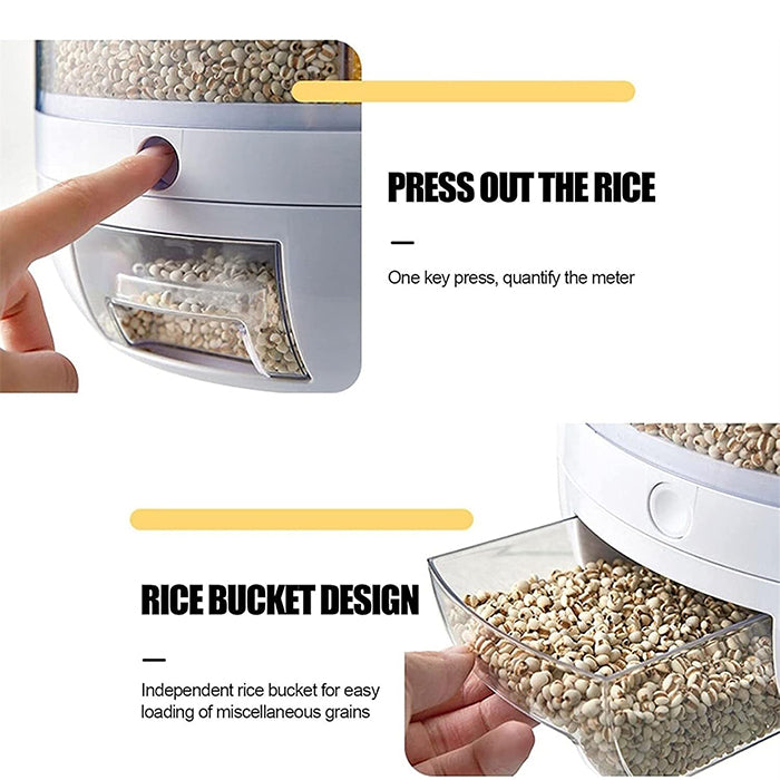 Rotating Rice Dispenser 6-Grids Rice Cereal Grains Storage Container, One-Click Rice Output one press