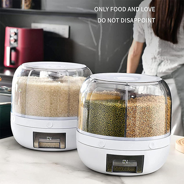 Rotating Rice Dispenser 6-Grids Rice Cereal Grains Storage Container, One-Click Rice Output space saving
