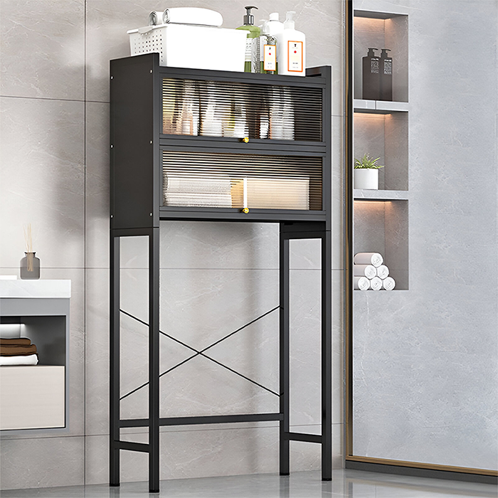 Space-saving metallic washing machine storage rack in black, 4-tier shelf organizer for laundry room