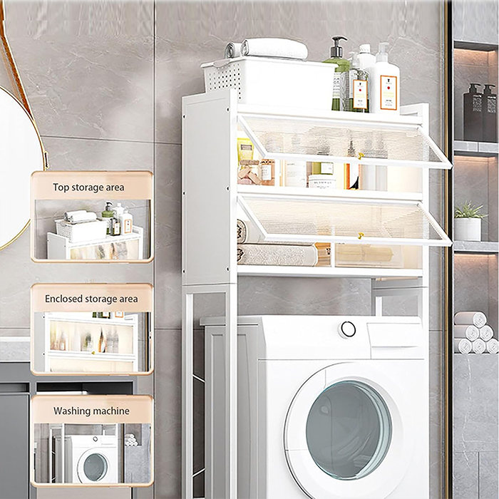 Space-saving metallic washing machine storage rack in white, 4-tier shelf organizer for laundry room, space saving