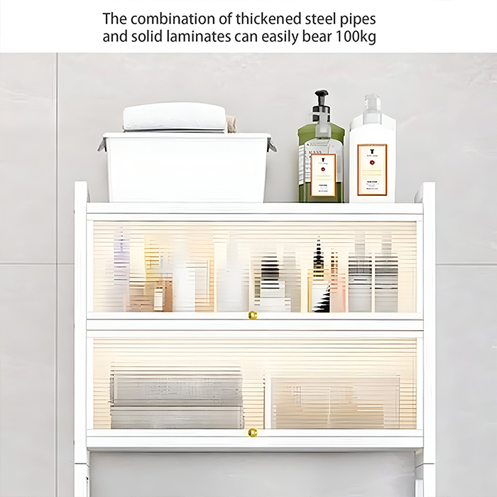 Space-saving metallic washing machine storage rack in white, 4-tier shelf organizer