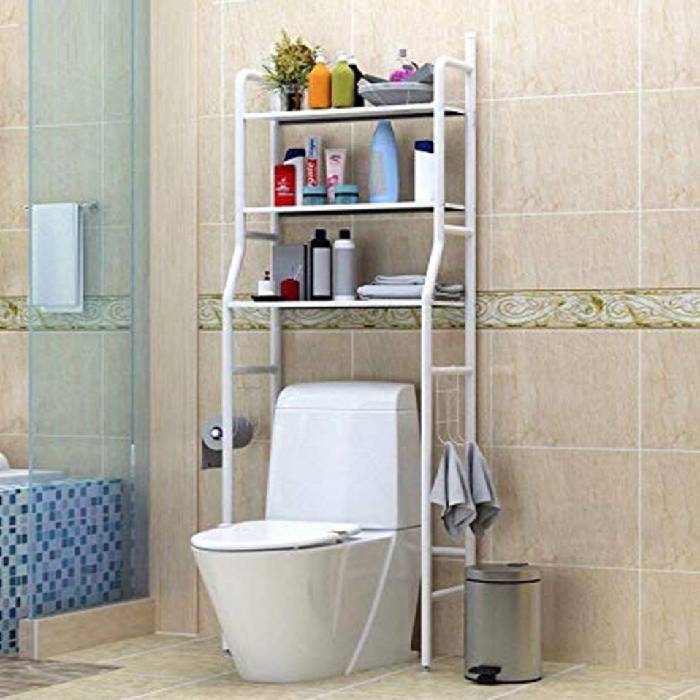 Sturdy Durable 3 Shelf Metal White Toilet Rack For Bathroom Organization With Hooks durable
