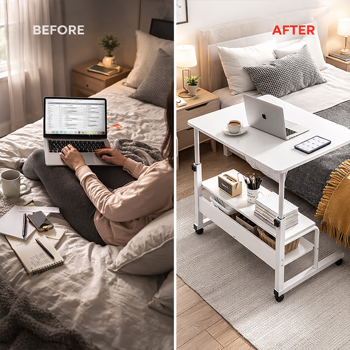 Adjustable Overbed Laptop Computer Desk with Bottom Shelf