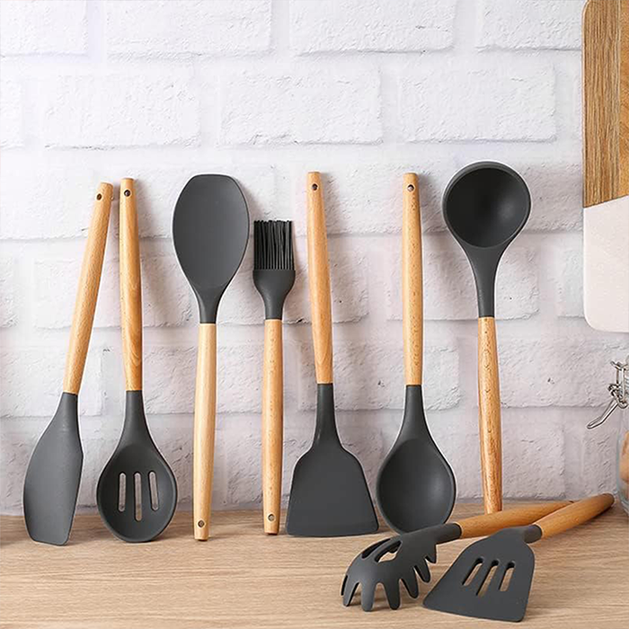 12-piece silicone kitchen cooking utensils set with spatula and spoon, non-stick, heat-resistant, BPA-free, easy to clean kitchen tools in modern design