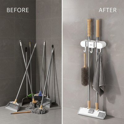 Wall Mounted Mop And Broom Storage Holder With Non- Slip Rolling Clips