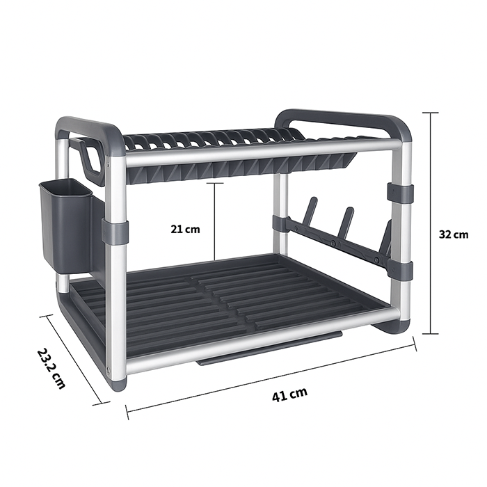 2 layer Aluminum Dish Rack Organizer for Kitchen Drying Stand with a Drain Tray Weight-Bearing Base Qatar