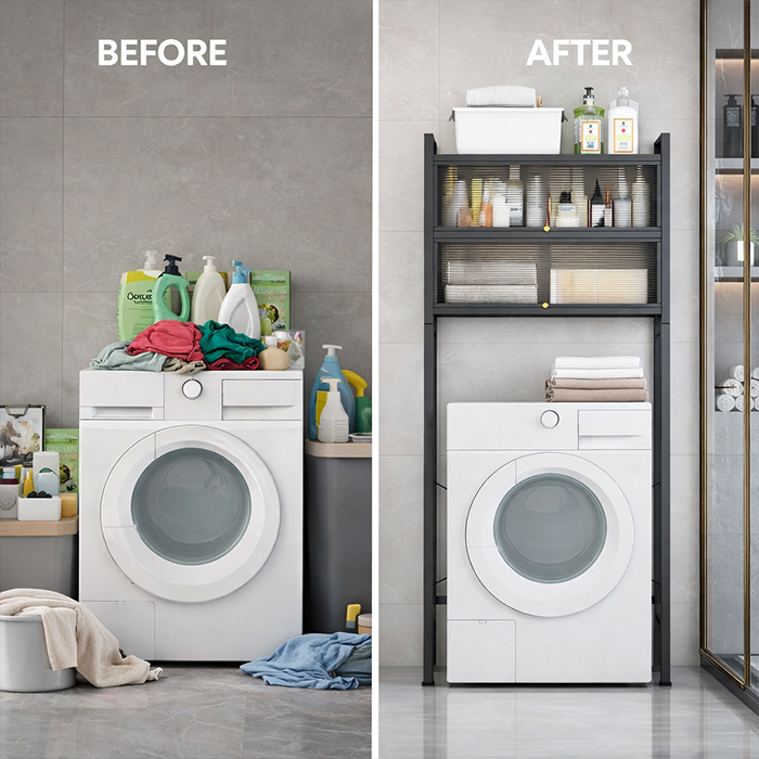 Space Saving Metallic Washing Machine Storage Rack for Laundry Room