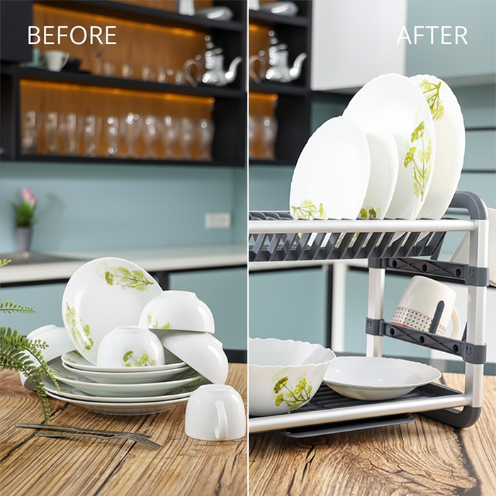 2-Tier aluminium dish drying rack with drainboard