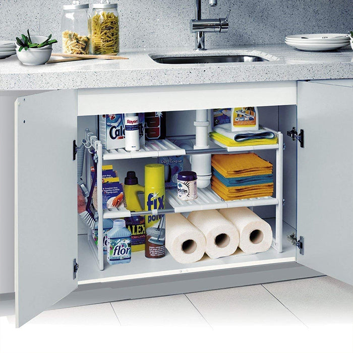 2 Tier Adjustable Kitchen Cabinet Under Sink Storage Organizer space saver
