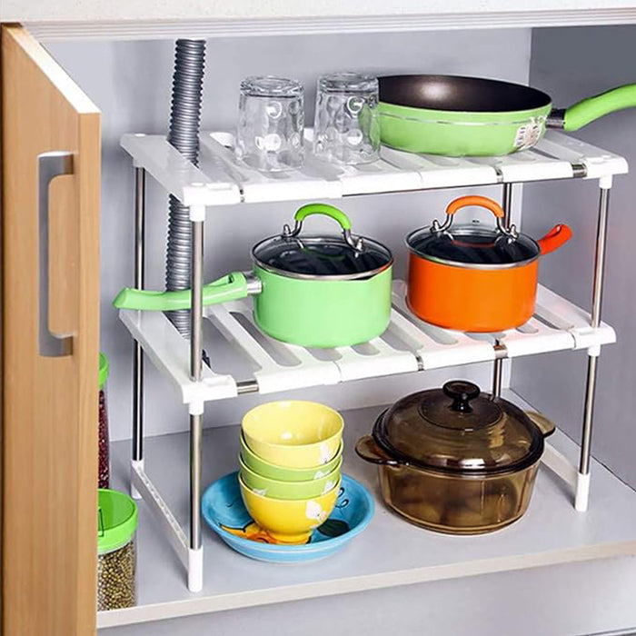 2 Tier Adjustable Kitchen Cabinet Under Sink Storage Organizer extendable width