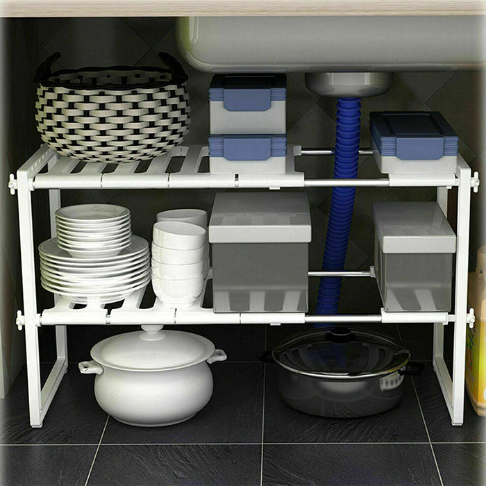 2 Tier Adjustable Kitchen Cabinet Under Sink Storage Organizer multi function