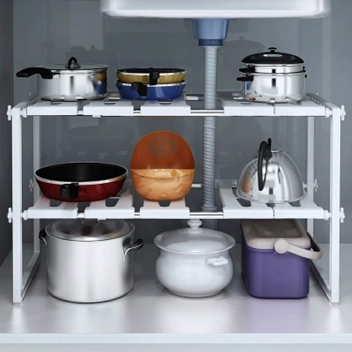2 Tier Adjustable Kitchen Cabinet Under Sink Storage Organizer extendable width