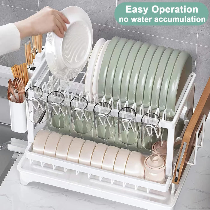 2 Tier Dish Drying Rack with Cutlery Holder, Cup Rack, Drainboard Good design easy operation