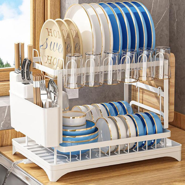 2 Tier Dish Drying Rack with Cutlery Holder, Cup Rack, Drainboard Good design white
