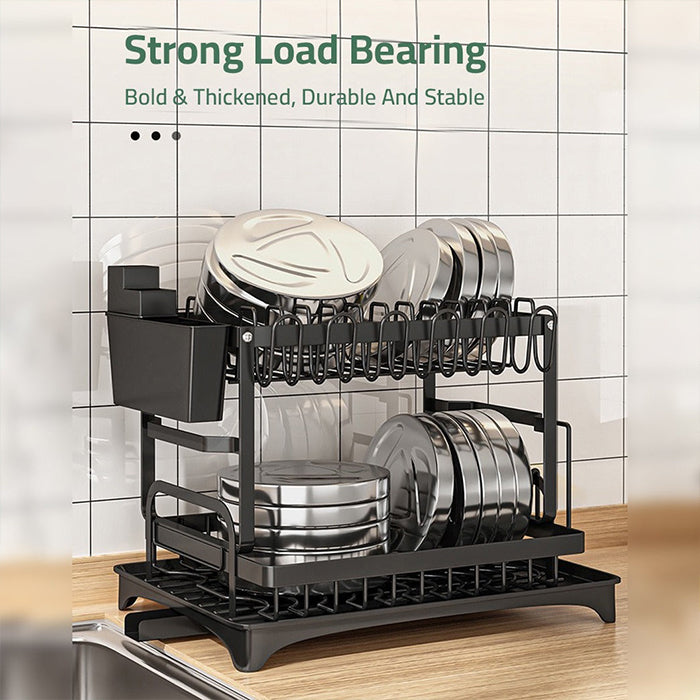 2 Tier Dish Drying Rack with Cutlery Holder, Cup Rack, Drainboard strong load bearing