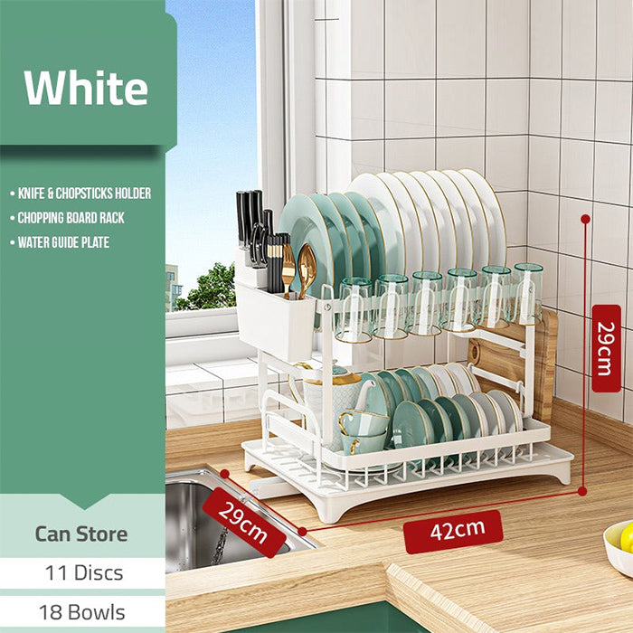 2 Tier Dish Drying Rack with Cutlery Holder, Cup Rack, Drainboard white