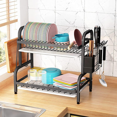 2 Tier Modern Large Dish Rack and Drain Board Set Kitchen Counter Drainer