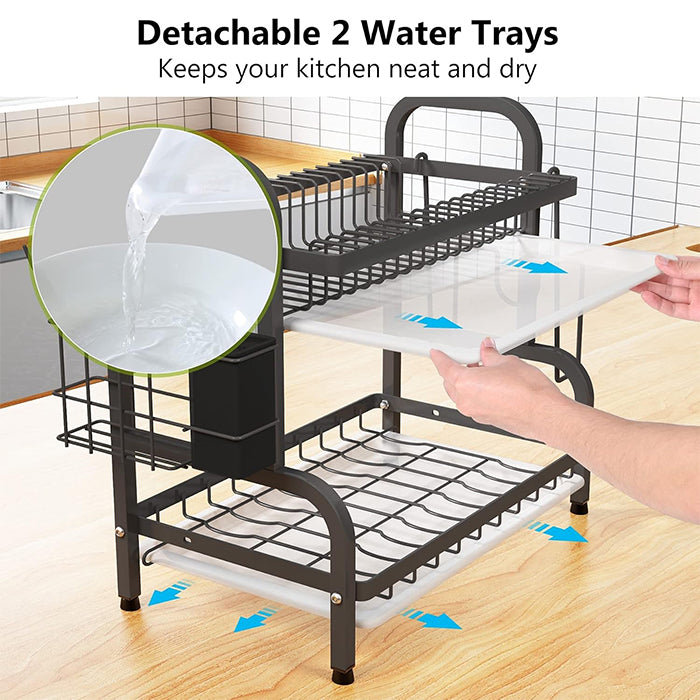 2 Tier Modern Large Dish Rack and Drain Board Set Kitchen Counter Drainer 2 water trays