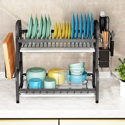 2 Tier Modern Large Dish Rack and Drain Board Set Kitchen Counter Drainer Durable